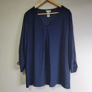 Catherines Womens 2X Navy Blue Eyelet Top‎ 3/4 Ruched Tie Sleeves Lined